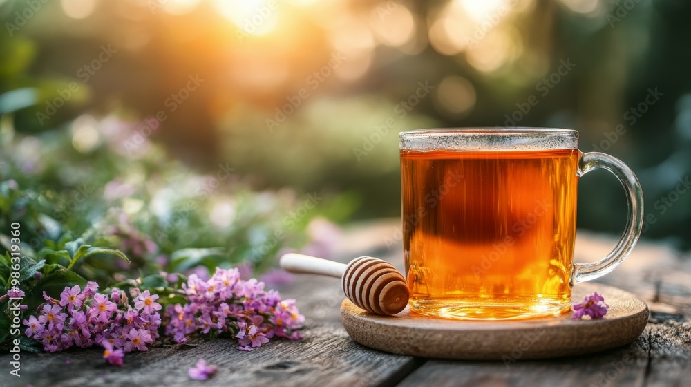 Warm herbal tea with honey and flowers on a rustic slate serving tray in a cozy setting Warm herbal tea with honey and flowers on a rustic slate serving tray in a cozy setting