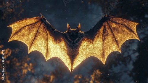 A large bat flying through a misty forest during twilight in a mysterious atm...
