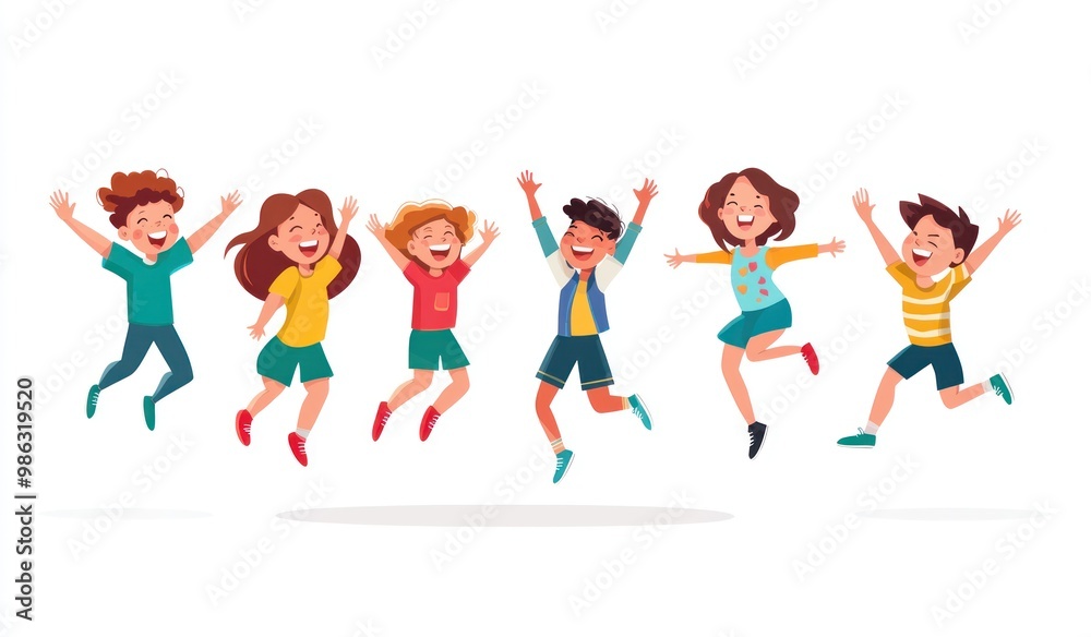 Group of children jumping and laughing together on a white background. Simple style illustration. Cute and dreamy colorful cartoon characters with happy expressions. Vector file has clean lines Group of children jumping and laughing together on a white background. Simple style illustration. Cute and dreamy colorful cartoon characters with happy expressions. Vector file has clean lines