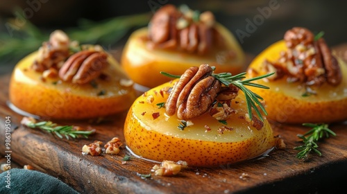 Deliciously prepared baked pears topped with pecans and rosemary on a wooden ...