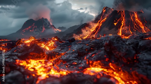 Flowing rivers of fiery lava. Volcanic eruption background.