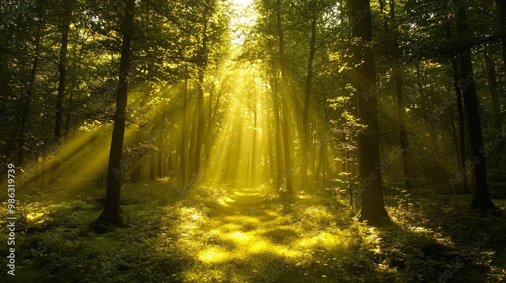 Obraz premium Sunbeams Illuminating a Path Through a Dense Forest