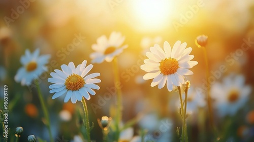 Daisies blooming in a bright golden sunrise during the early morning hours of...