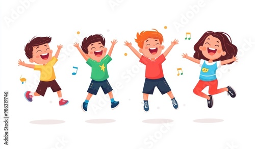 Group of children jumping and laughing together on a white background. Simple style illustration. Cute and dreamy colorful cartoon characters with happy expressions. Vector file has clean lines 