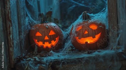 Decorative Halloween pumpkin glows on porch with cobwebs and eerie lighting a...