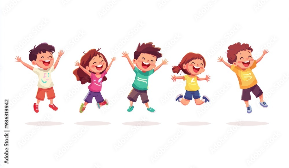Group of children jumping and laughing together on a white background. Simple style illustration. Cute and dreamy colorful cartoon characters with happy expressions. Vector file has clean lines Group of children jumping and laughing together on a white background. Simple style illustration. Cute and dreamy colorful cartoon characters with happy expressions. Vector file has clean lines