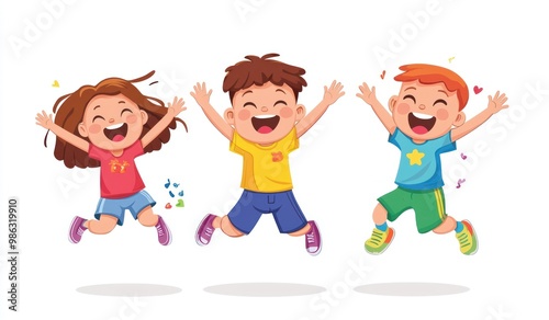 Group of children jumping and laughing together on a white background. Simple style illustration. Cute and dreamy colorful cartoon characters with happy expressions. Vector file has clean lines 