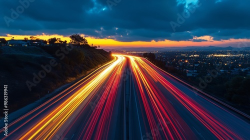 Evening traffic trails illuminate a winding highway under a vibrant sky at dusk