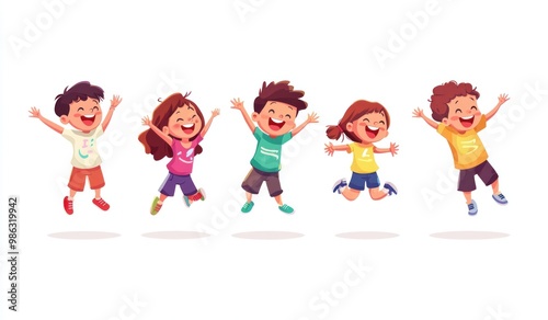 Group of children jumping and laughing together on a white background. Simple style illustration. Cute and dreamy colorful cartoon characters with happy expressions. Vector file has clean lines 