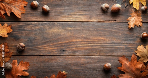 Vibrant autumn leaves and acorns arranged on a rustic wooden table in a warm,...