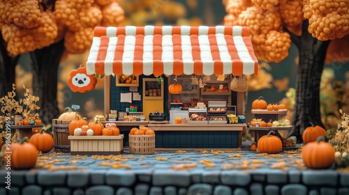 Vibrant autumn market with pumpkins and seasonal fruits in a wooded area duri...