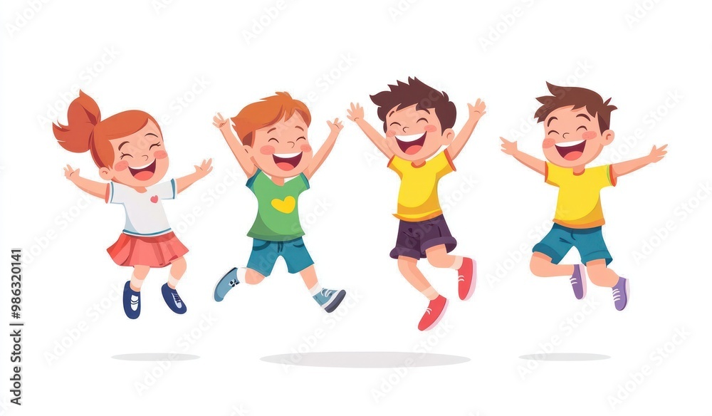 Group of children jumping and laughing together on a white background. Simple style illustration. Cute and dreamy colorful cartoon characters with happy expressions. Vector file has clean lines Group of children jumping and laughing together on a white background. Simple style illustration. Cute and dreamy colorful cartoon characters with happy expressions. Vector file has clean lines