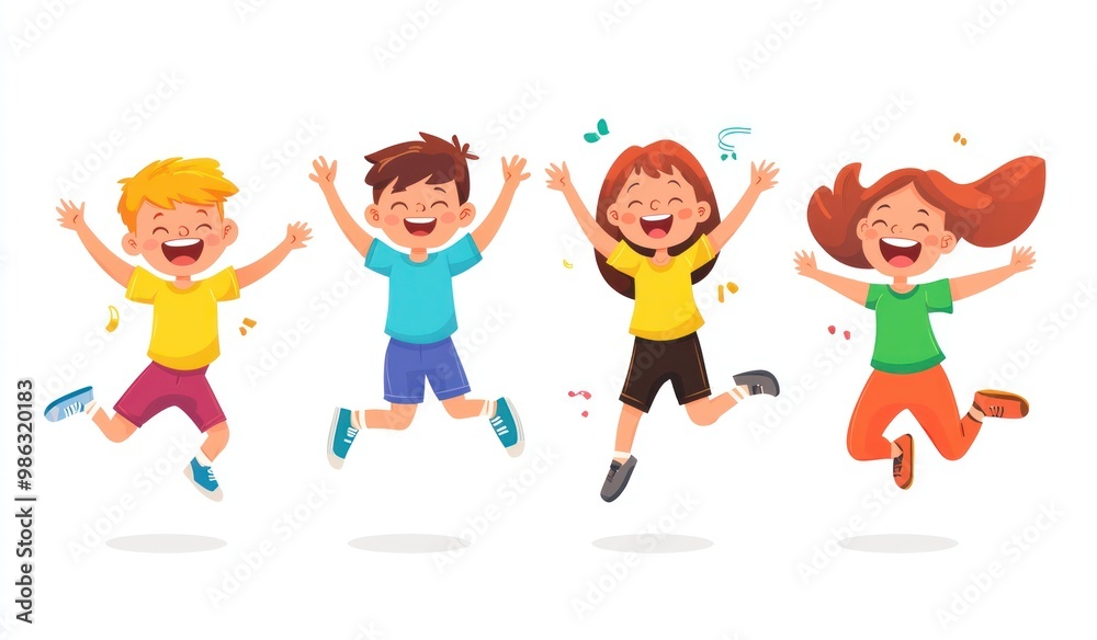 Group of children jumping and laughing together on a white background. Simple style illustration. Cute and dreamy colorful cartoon characters with happy expressions. Vector file has clean lines Group of children jumping and laughing together on a white background. Simple style illustration. Cute and dreamy colorful cartoon characters with happy expressions. Vector file has clean lines