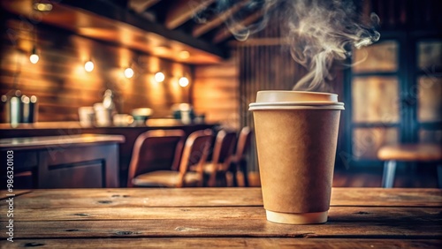 Hot coffee in a paper cup with smoke and coffee beans on a wooden table in a retro vintage style restaurant