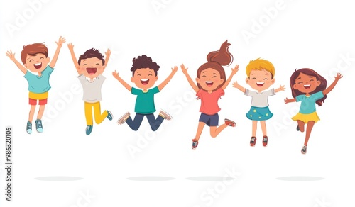 Group of children jumping and laughing together on a white background. Simple style illustration. Cute and dreamy colorful cartoon characters with happy expressions. Vector file has clean lines 