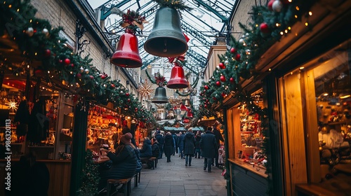 London, UK - Nov 8 2023: Covent Garden Market with Christmas decorations. Large bells and baubles hang from the roof. People are shopping and sitting in a cafe