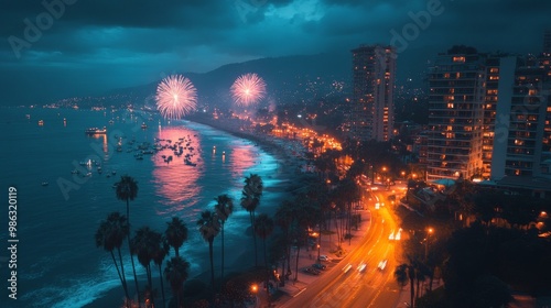 Colorful fireworks illuminate the night sky over a calm waterfront and cityscape