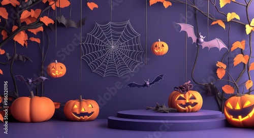 Spooky Halloween setup with carved pumpkins and decorations in vibrant purple...
