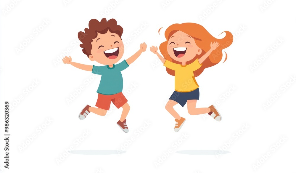 Group of children jumping and laughing together on a white background. Simple style illustration. Cute and dreamy colorful cartoon characters with happy expressions. Vector file has clean lines Group of children jumping and laughing together on a white background. Simple style illustration. Cute and dreamy colorful cartoon characters with happy expressions. Vector file has clean lines