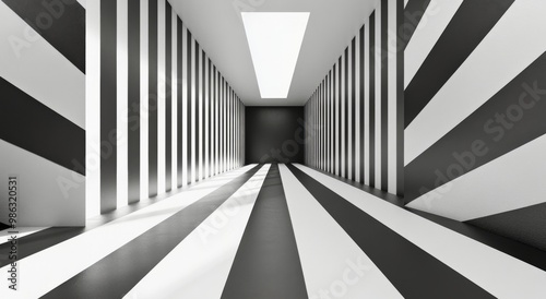 Striking black and white striped hallway with an overhead skylight in a moder...