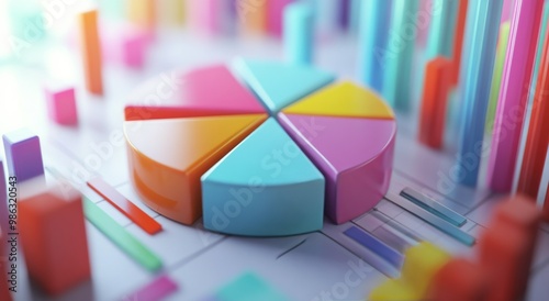 Colorful pie chart and bar graph representing data analysis on a desk during ...