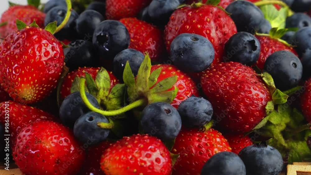 fresh berries Strawberries with green leaves and blueberries rotating in a circle. Close-up. fresh berries Strawberries with green leaves and blueberries rotating in a circle. Close-up.