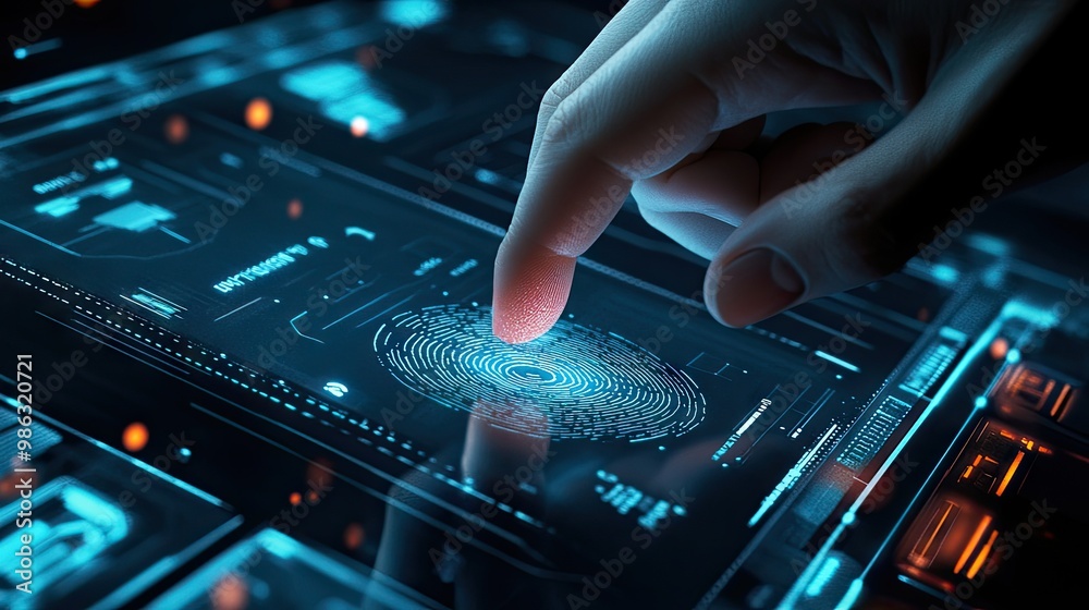 Fototapeta premium A hand scanning a digital fingerprint sensor, illustrating the security of personal data and identity protection in a high-tech interface.