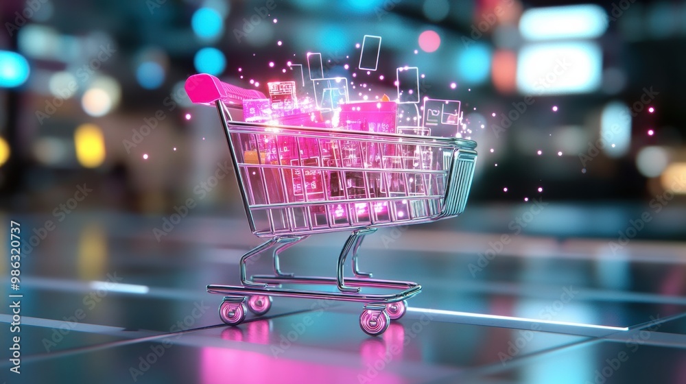 Futuristic Shopping Cart with Digital Devices Display