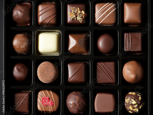 A beautifully arranged box of chocolates, featuring various shapes and sizes, with rich chocolate flavors, against a black background for contrast. 