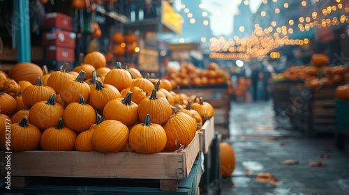Busy outdoor market filled with bright orange pumpkins during autumn festival...