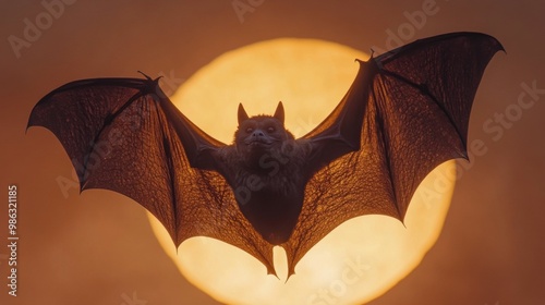 A large bat flying through a misty forest during twilight in a mysterious atm...