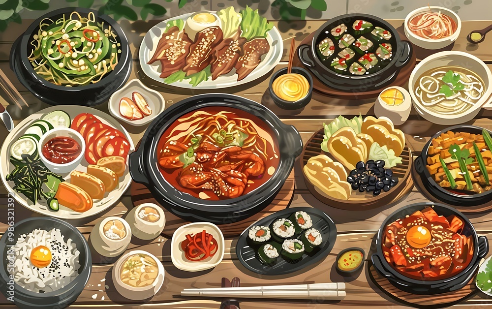 Top view of various japanese food set on wooden table. Top view of various japanese food set on wooden table.
