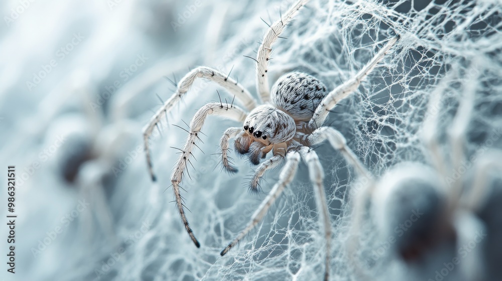 Detailed close-up of a spider navigating its intricate web in a cool-toned environment Detailed close-up of a spider navigating its intricate web in a cool-toned environment