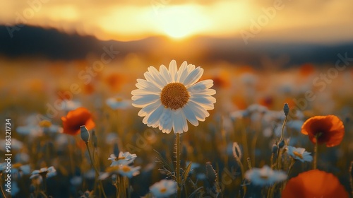 Daisies blooming in a bright golden sunrise during the early morning hours of...