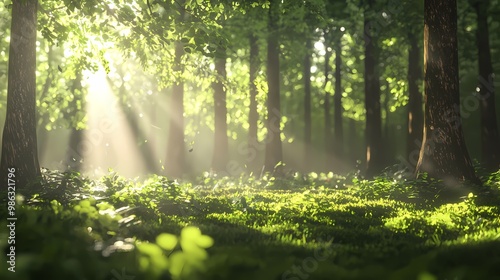 Sunlight filtering through lush green trees in a serene forest.