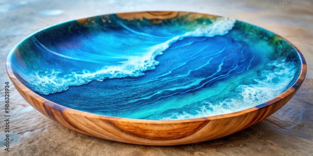 Fototapeta premium Epoxy resin wood dish with abstract blue sea texture art