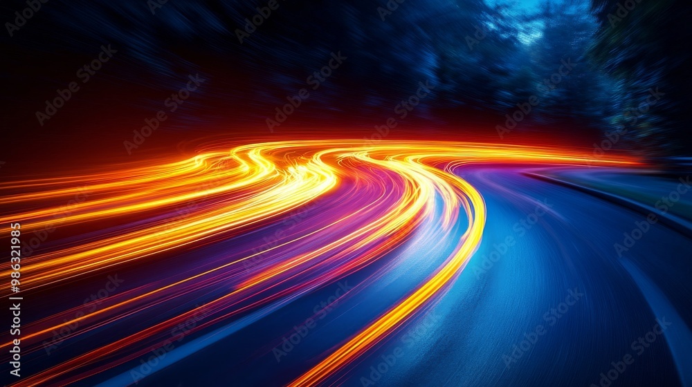 Evening traffic trails illuminate a winding highway under a vibrant sky at dusk Evening traffic trails illuminate a winding highway under a vibrant sky at dusk