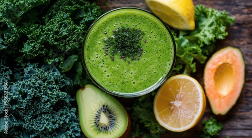 Fresh green smoothie surrounded by ingredients on a wooden table with bright ...