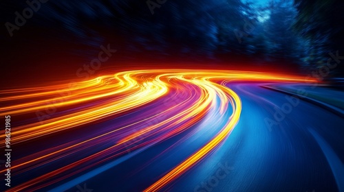 Evening traffic trails illuminate a winding highway under a vibrant sky at dusk