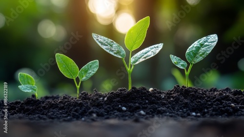 A young plant emerges from rich soil under soft sunlight in a vibrant forest setting