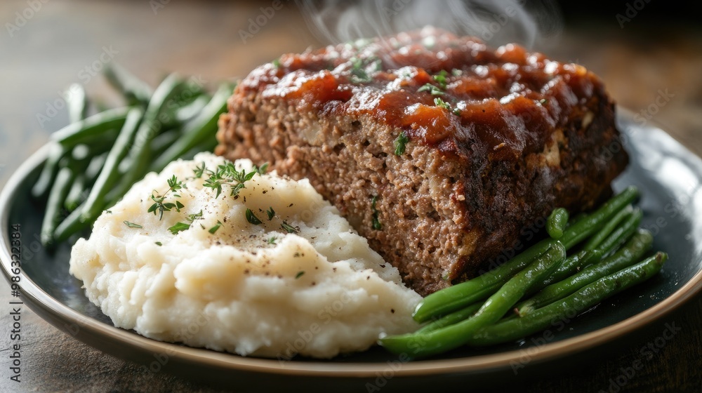 A hot and juicy meatloaf slice with steam rising, served with mashed potatoes and green beans. A hot and juicy meatloaf slice with steam rising, served with mashed potatoes and green beans.