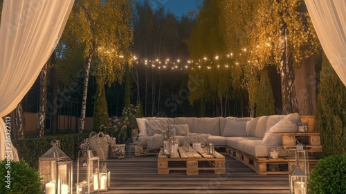 Cozy outdoor seating area illuminated by string lights on a tranquil evening ...