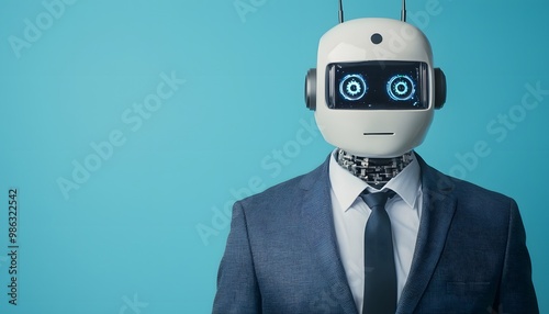 A humanoid robot in a business suit against a blue background, showcasing a blend of technology and professionalism.