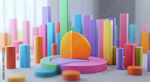 Colorful pie chart and bar graph representing data analysis on a desk during ...