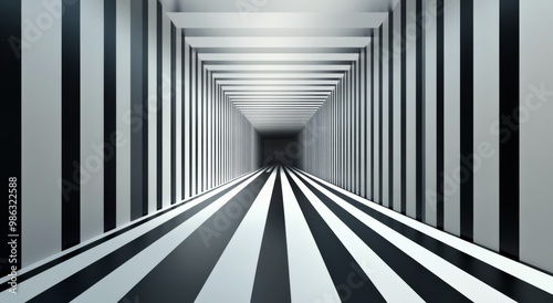 Striking black and white striped hallway with an overhead skylight in a moder...