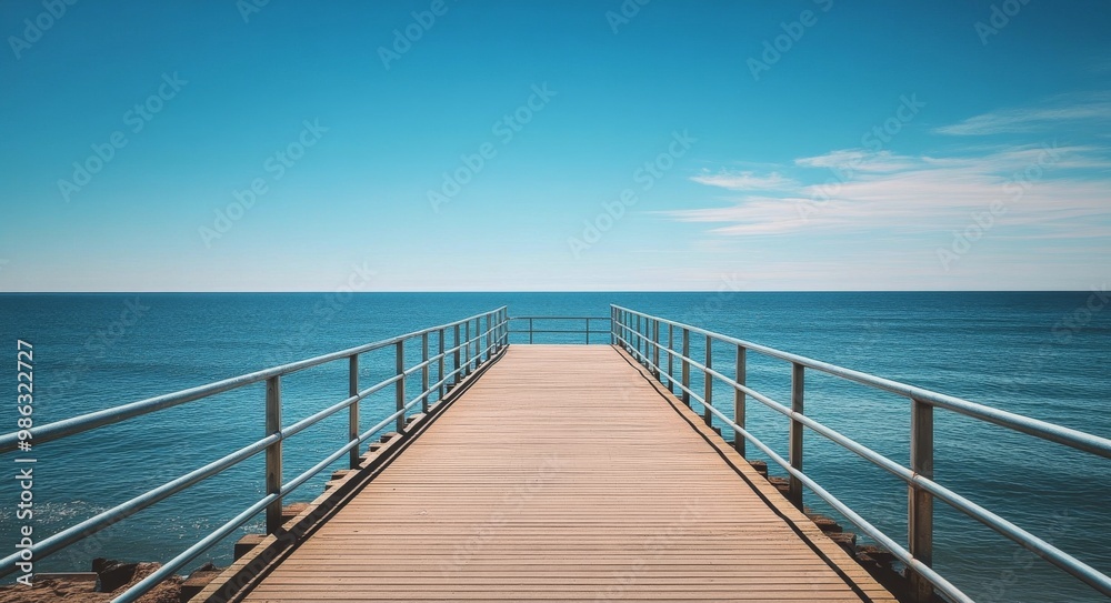 Fototapeta premium Wooden pier extending over calm blue waters on a clear sunny day