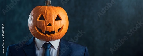 A man in a suit with a carved pumpkin for a head stands against a dark background, creating a unique Halloween-themed visual. photo