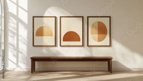 Stylish interior showcasing three modern art pieces in warm tones against a m...