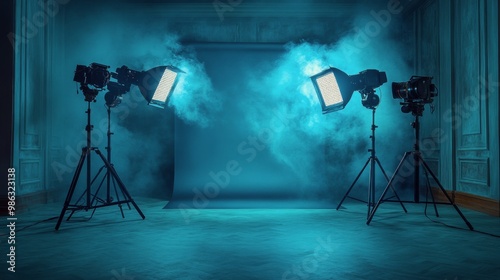 Professional lighting setup in a studio with blue backdrop and soft illuminat...