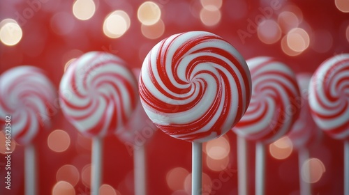 Colorful peppermint swirls placed artistically on a sparkling surface during ...